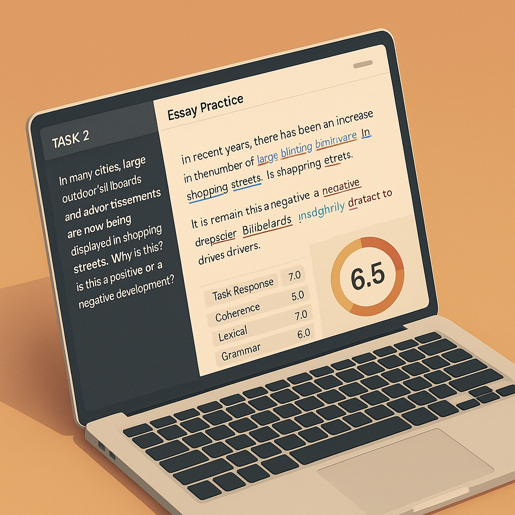 Interface d'entraînement à l'essai IELTS avec jauge de score